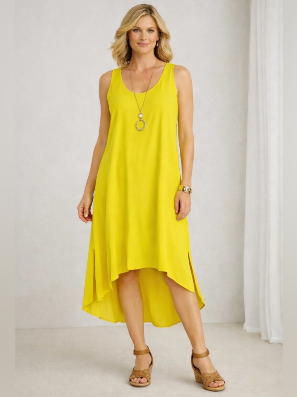 Soft Surroundings Lemon Yellow Hi-Low Dress Women’s Size L Sleeveless Flowy Side